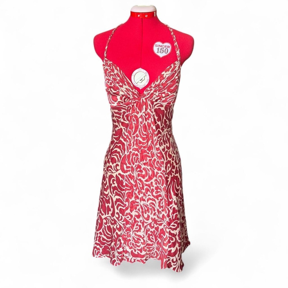 Donna Ricco Silk Halter Dress Red Tan Abstract Print 2P Petite Wedding Guest